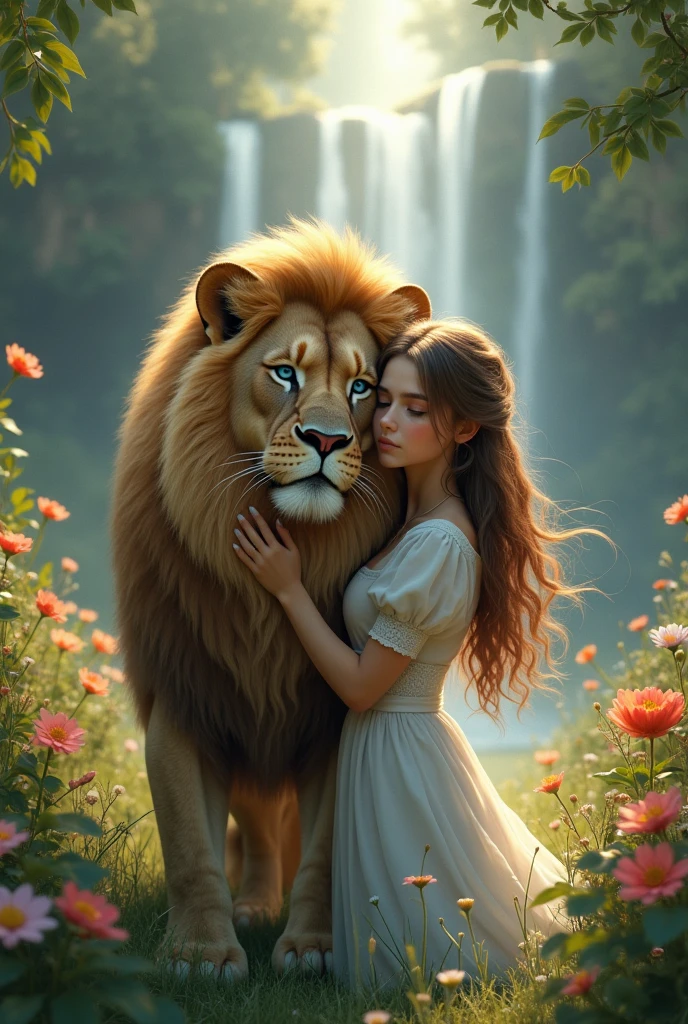 A with blue eyes brown hair white skin hugging a maned lion in a garden with flowers and waterfalls