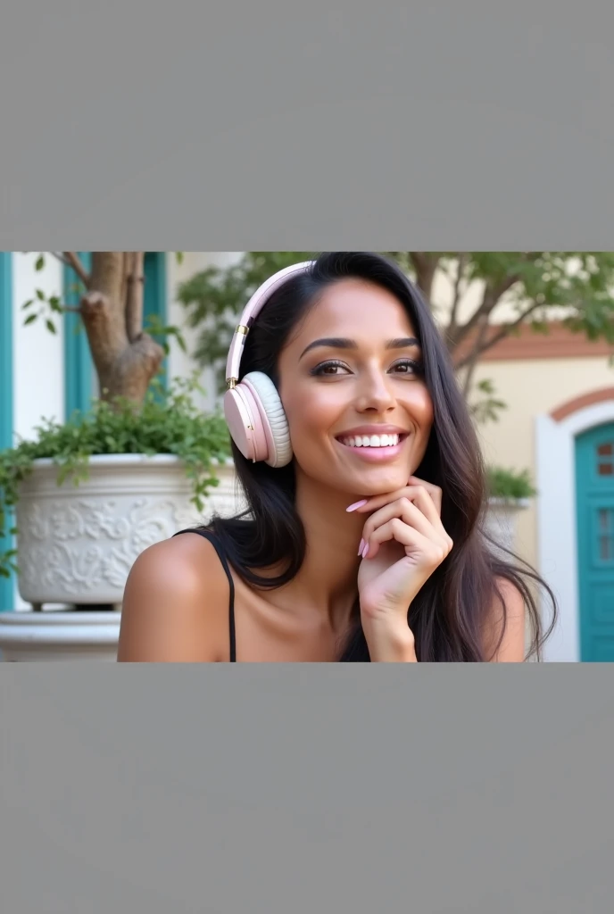 High dynamic range HDR photography of a Daiane Sodre  look alike woman with smooth, golden-brown skin and dark, long black hair ,huge breasts, she has a headphone on her head and is enjoying the music. .her bright brown eyes sparkling with warmth, her full lips curled into a gentle smile, wearing a black dress, with hints of warm terracotta and cool turquoise in the architecture, and lush greenery spilling from ornate planters, the camera capturing the scene with remarkable depth and detail, from the wisps of hair framing her face to the delicate textures of the stucco walls, the overall mood evoking a sense of joy, vitality, and cultural pride