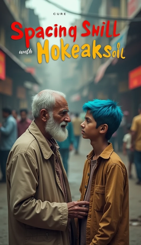 A scene on a busy street in India, showing an elderly man with white hair and a beard, wearing a beige jacket. He stands beside a young boy with bright blue hair, who looks up at him with a serious expression. The background is a bustling marketplace with blurred shops and pedestrians passing by, creating a sense of movement. The title of the movie is displayed at the top of the image in bold red and yellow text, contrasting with the muted colors of the street scene."

This prompt should capture the essence of the scene you're describing!