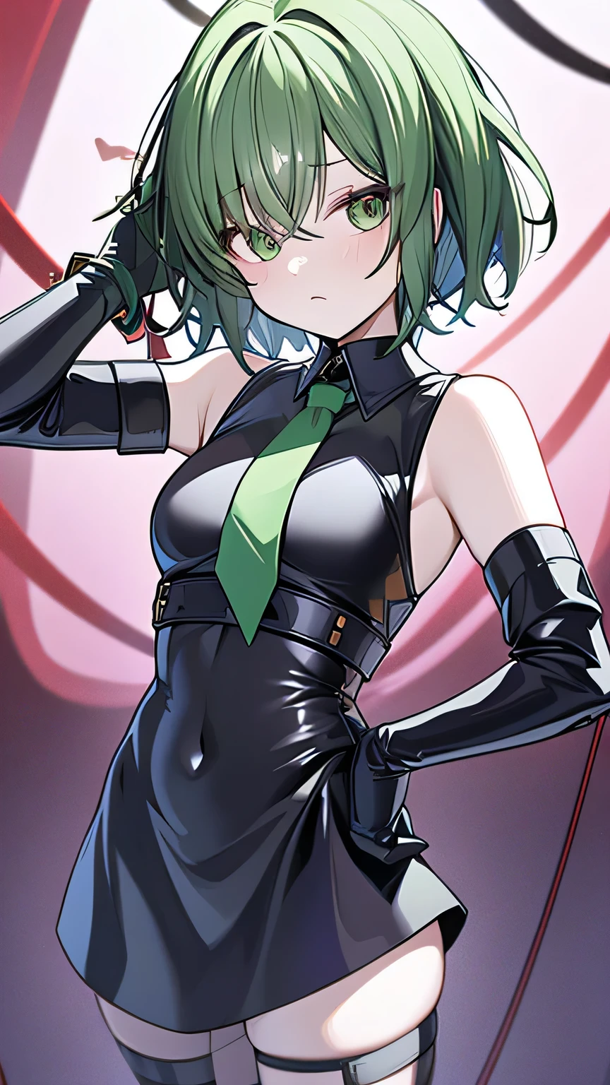 highest quality, 8K, 1 girl,alone, light green hair,(hair covers one eye),  crop_superior, very mini skirt, black legwear,short hair、No sleeve、Navel exposed、tie、Tree eyes、expression of disgust、reveal clothing、black latex、gloves up to the elbow、latex costume、knee high boots、choker、(Slingshot Pants)、、Absolute area、belts wrapped around hands and feet,(Very shiny outfit),basement,