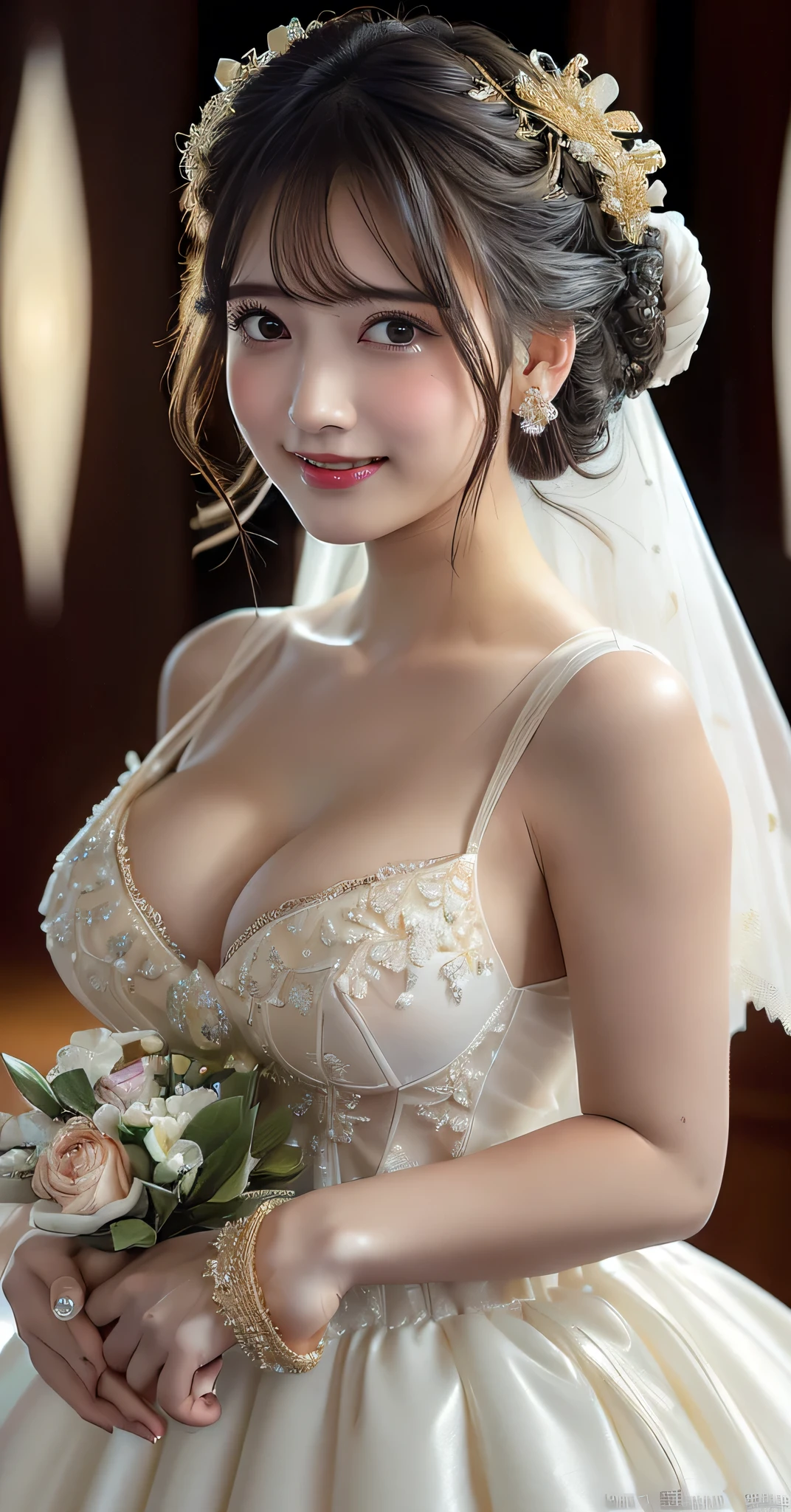 (8k,RAW Photos,Like the picture:1.45),masterpiece,Highest quality,wonderful,(Sexy Mature Woman:1),(Mature Woman:1.3), (3 woman.1.3)、(((very, very big)))、(((Extremely lewd and very huge boobs)))、(((Very deep cleavage)))、Hyper Real、In the lounge of a luxury hotel、An extremely beautiful and dignified smile、Extremely beautiful white skin、Extremely beautiful, delicate and precise skin texture、With long, fluffy, gorgeous brown hair((Evening updo:2.0))、Extremely beautiful women of Japan、(BIG ASS)、Thick thighs、Bright red lips、Gold earrings、Gold bracelet、Gold Necklace、(Super Detail),((Very delicate and beautiful)),Focus on the characters,Dynamic Angle,looking at onlookers with an intensely lewd gaze,((alone)),Are standing,((Extremely obscene whole body)),((a princess wearing a wedding dress that's a gorgeous evening gown with voluminous skirts)),((Smiling beautiful bride)),Detailed, Big smile and eyes,Jewel-like eyes,((Very long and voluminous hair)),Gorgeous embroidery and lace,((Gorgeous corsage)),See through,(Gorgeous Jewelry Ornaments),Luxury Hair Accessories,Gorgeous jeweled tiara,Gorgeous frills,((Very lewd face and huge breasts)),indoor,Very fancy church wedding,((Extremely obscene whole body)),Hoop skirt,crinoline,very long wedding veil,(((a mix of a bejeweled wedding dress and a luxuriously embroidered rococo ball gown))),