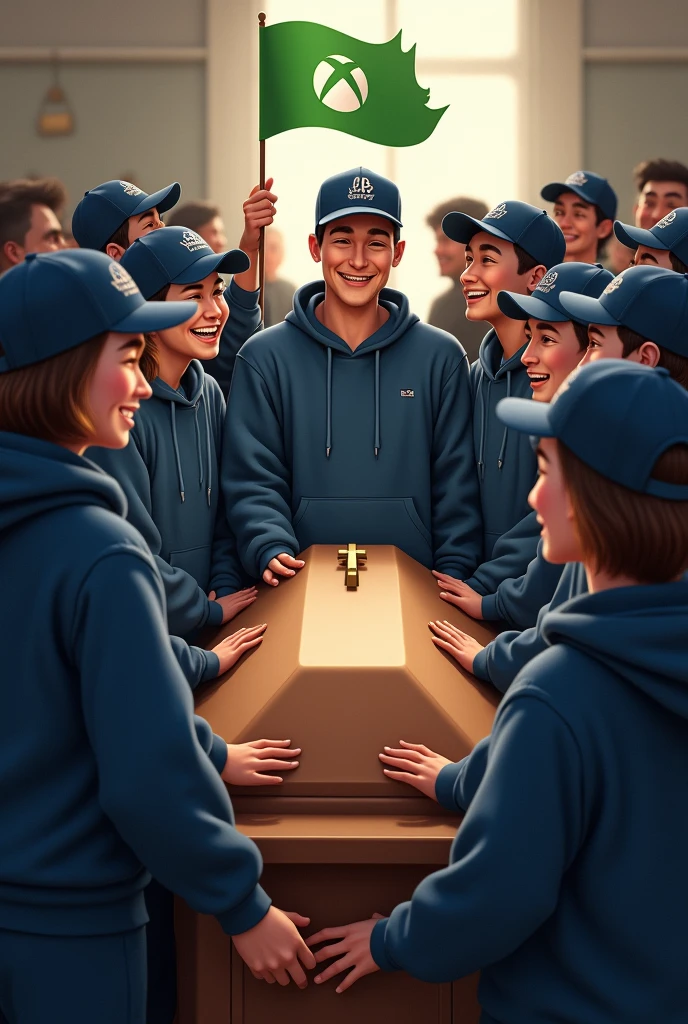 Create a realistic image of some people at a wake looking at a coffin wearing dark blue sweatpants and a blue cap with the PlayStation logo on the cap. These people are very happy and on the coffin there is a green flag with the initials XBOX..
