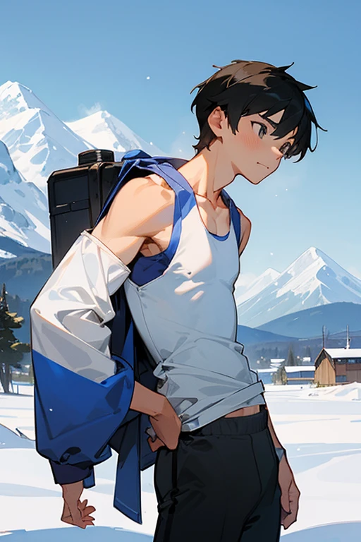 Snowy mountains in the background、An  standing wearing a tight white Y-back tank top、The sleeve opening of the tank top is wide、tall、Handsome