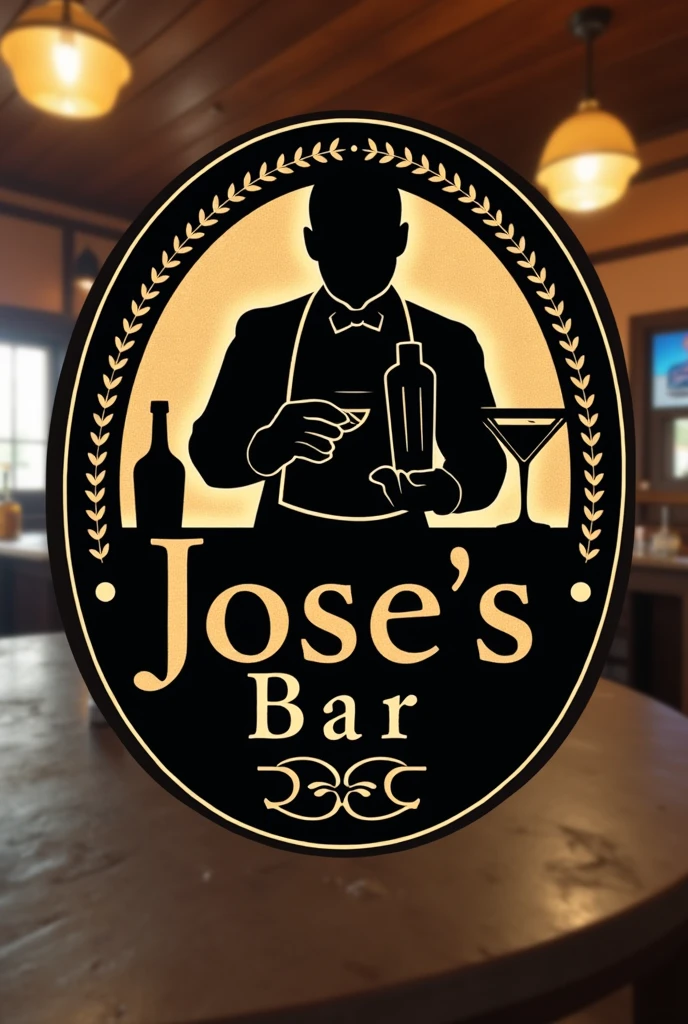 Logo Description:

Main Text: "Jose&#39;s Bar" in an elegant yet rustic font, that reflects the authenticity and warmth of a classic bar.
Central Element: An icon of a bartender in the silhouette of a half-chubby man, with a shaker in one hand and a glass in the other, as if serving a cocktail.
colors: Predominantly dark tones such as black or dark brown, combined with touches of gold or silver to give it a sophisticated touch.
Additional Details: A circular border around the logo with a laurel leaf design or some other classic embellishment that frames the logo and gives it a distinguished look.
bottom: Transparent or a wooden background to add a cozy feel.