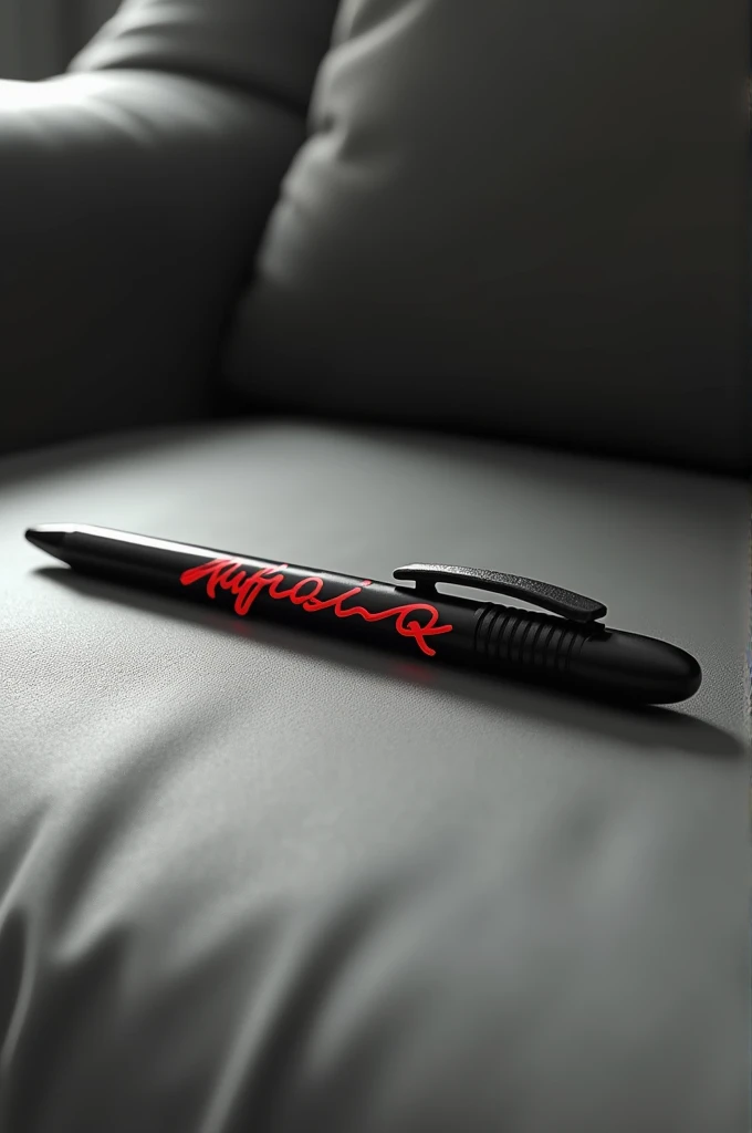 A black pen is placed on the couch, and the name "Rafiq" is written on it in red.