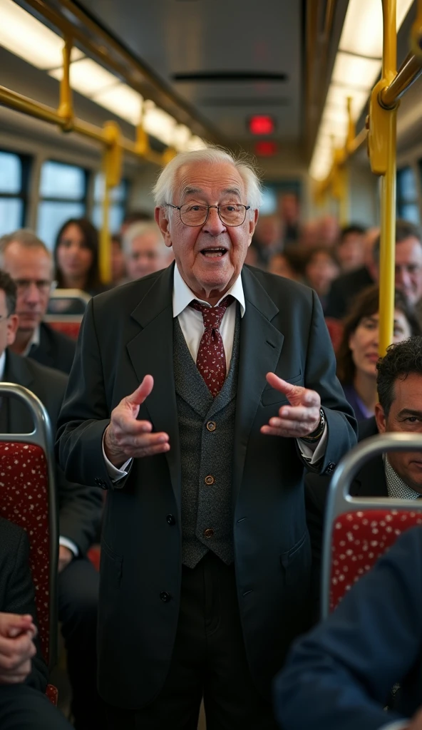 "A photo shows an elderly man standing in the middle of a crowded bus. He is dressed in an old-fashioned suit and uses animated gestures to speak., capturing the attention of the passengers around him. The expressions of the other passengers vary between curiosity and amusement., some looking at the old man with an amused smile, others with a more neutral interest. The atmosphere of the scene is both lively and dynamic, highlighting the contrast between the old gentleman's energy and the monotony of the daily commute."