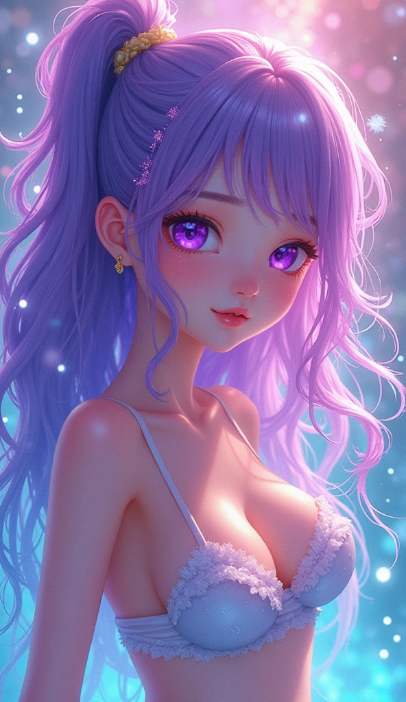 masterpiece, Highest quality, Attention to detail, Concept Art, (Japanese Manga:0.55), (Browsing Caution:0.55), Big Breasts, Flat stomach, , Short and small, ,Glowing Skin, Light Skin,Skin glows,Purple eyes,Bright colors,colorful,(((liquid paint hair:1.1))), Upper body strapless bra,Showing your belly button，Wear a T-back on the lower body, (((Bright colors))),,Skin glows,Purple eyes,Bright colors,colorful,(((liquid paint hair:1.1))) ,(((neon Purple Hair | Neon pink hair | Neon blue hair | Neon Aqua Hair | Purple Hair | Purple Hair | Fluorescent blue hair | Amethyst Hair | Neon Hair | Bright pink hair :1.5))), ((Painted，Not affected by gravity,Thick and watery),(Paint splashes:1.3), (Shiny Hair: 1.3),