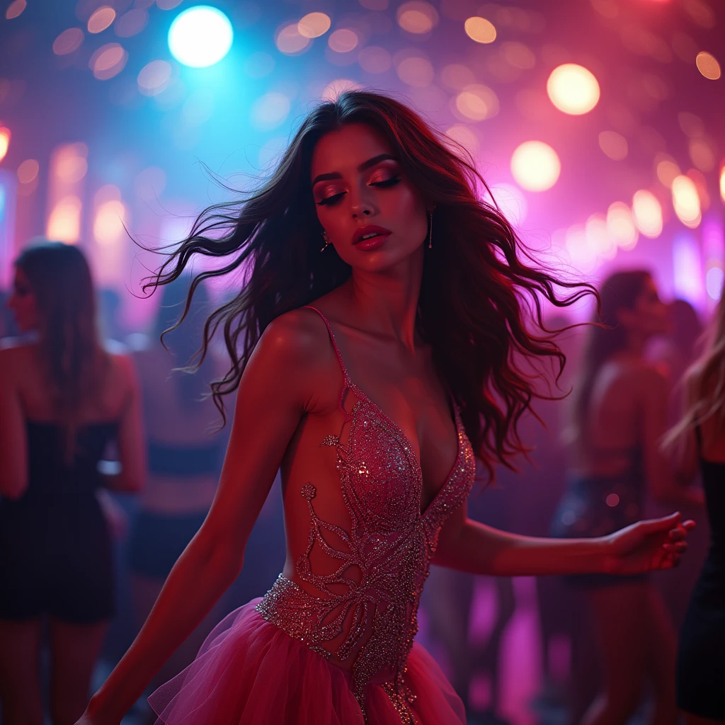 (girl with long eyelashes and bright red lips, Vestida de forma elegante),(Excellent quality,shine of light),(disco:1.1),bright coloured,Physically based rendering,ultra-fine painting,sharp focus,portraits,hair loose in the wind,dancing,neon lights,shining stars,nightclub atmosphere,energetic atmosphere, vibrations,mirror ball,glossy makeup,sparkling dress,strong music,exciting energy,life celebration,happy moments,happy crowd of people,Happiness and fun,festive atmosphere,dazzling lights,Lively rhythm,ecstatic expressions,unforgettable memories,dynamic movements,exciting experience,Triggering passions,unbridled joy,living the moment