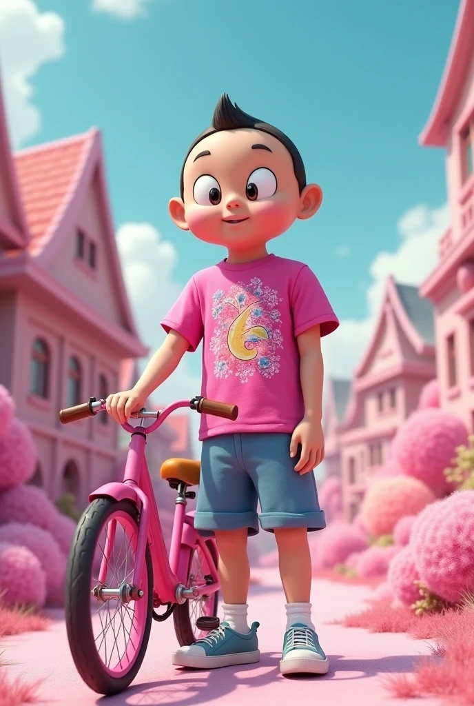 A Korean man with the head of Nobi Nobita wears a pink shirt with a barbie-themed shirt with a background of a pink bicycle and Doraemon&#39;s house