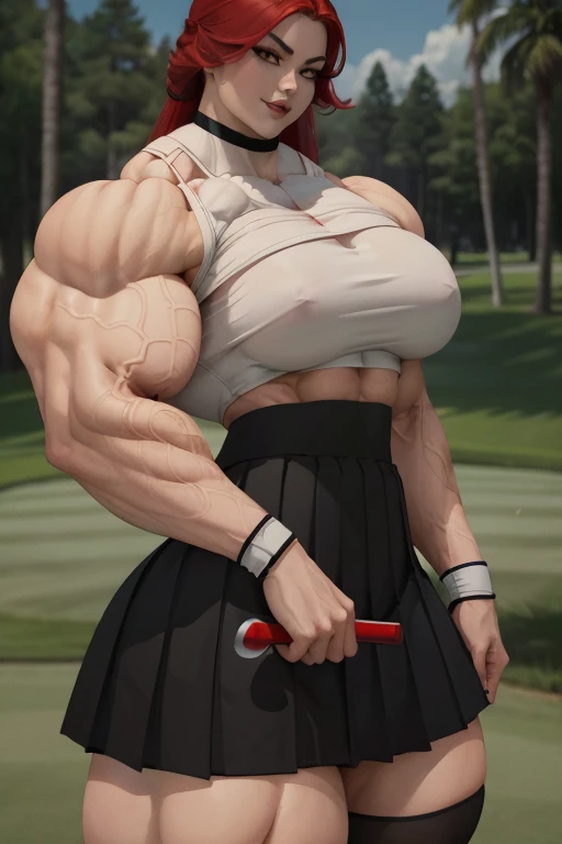 (((Close-up))), tall, (red hair) beautiful muscular asian female golfer, long hair, pale white skinned, large breast, closed smile, (black lipstick), (massive muscles), (hyper muscle), ((ginormous bulky muscles)), yellow eyes, (((red golf top))), (((black long pleated skirt))), (thigh high socks), choker, sneakers, in a golf course, 