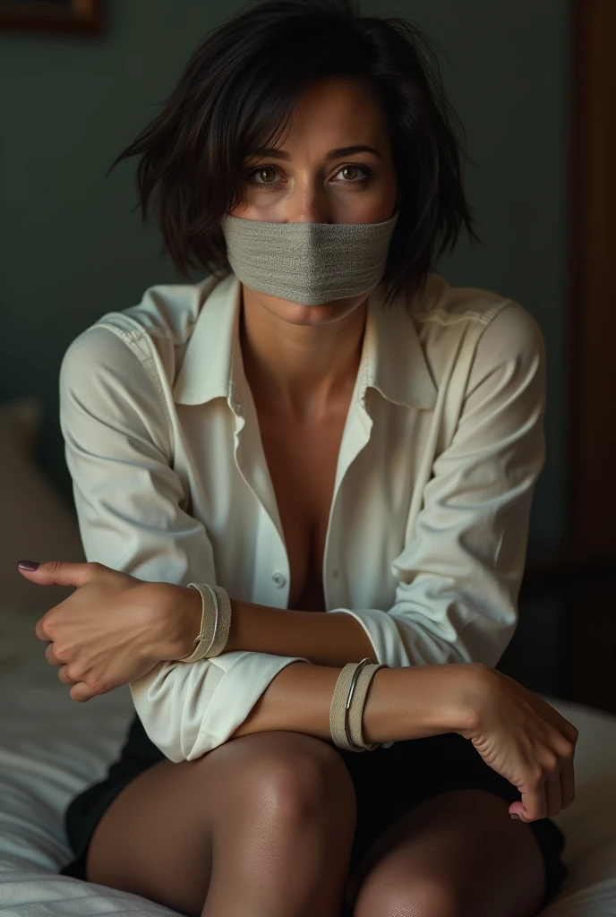 pretty 50 year old woman with short dark hair, with a stocking gagging her mouth, wearing blouse and skirt and brown silky pantyhose, her wrists and arms are tied up behind her back, photo realistic