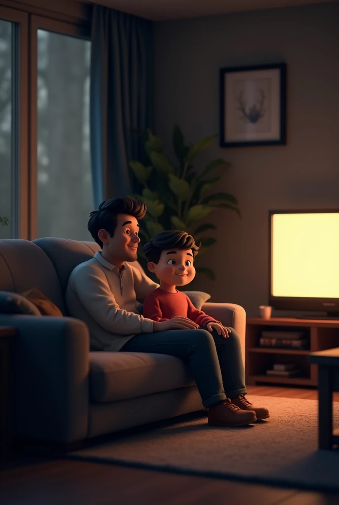 Create a 3D drawing of a father and his son sitting on a sofa in a home living room. The room is fully furnished. They are positioned on the left side of the image, while on the right side, there is a television on a stand, which is turned on. Above the sofa, there is a picture frame hanging crookedly on the wall. The house has a somber tone, and it is nighttime