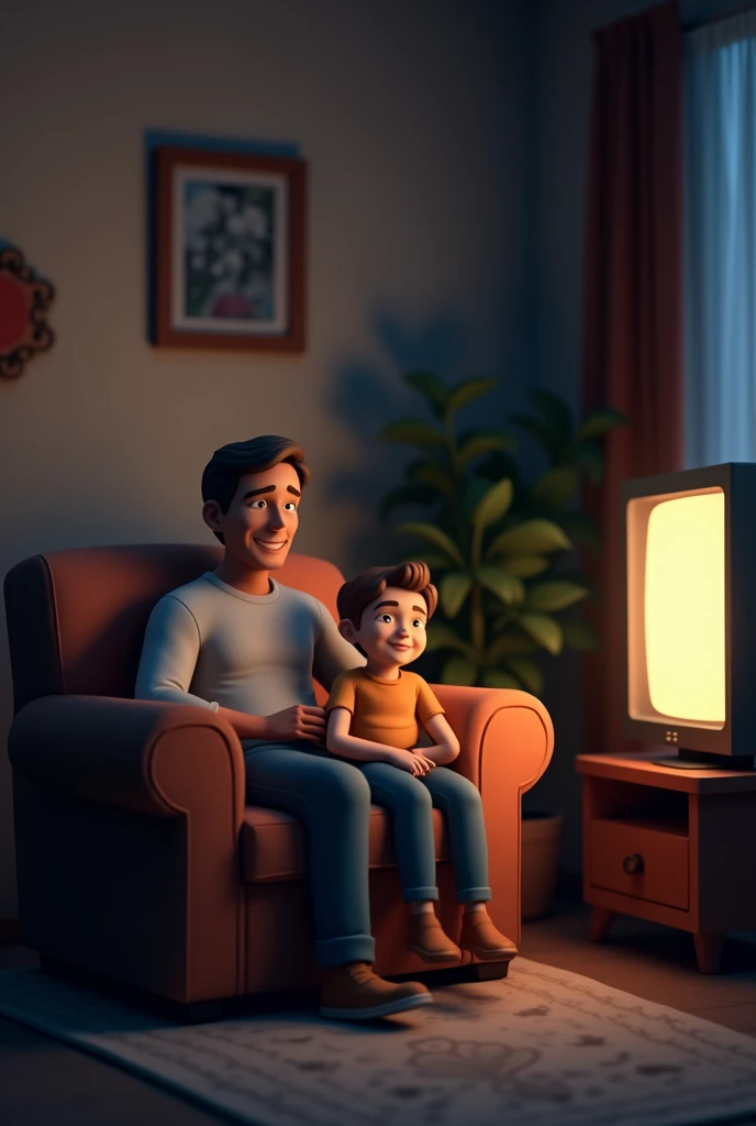 Create a 3D drawing of a father and his son sitting on a sofa in a home living room. The room is fully furnished. They are positioned on the left side of the image, while on the right side, there is a television on a stand, which is turned on. Above the sofa, there is a picture frame hanging crookedly on the wall. The house has a somber tone, and it is nighttime