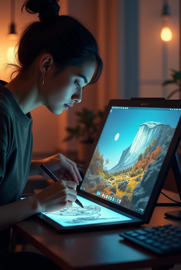 a realistic image of a person drawing, drawing digitally using screen drawing pad