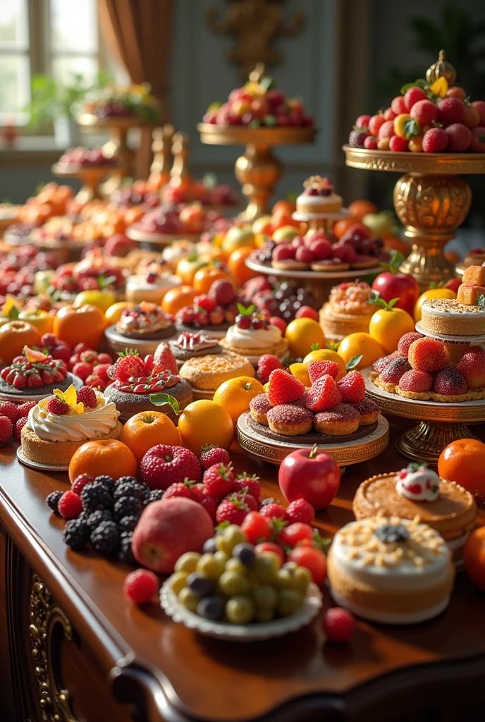 A table lined with endless cakes and fruits
