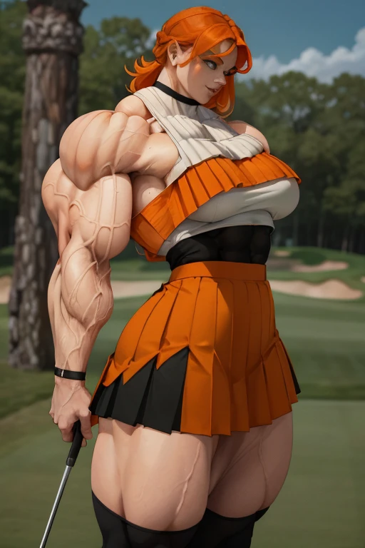 (((Close-up))), tall, (orange hair) beautiful muscular female golfer, long shaggy hair, pale white skinned, large breast, closed smile, (black lipstick), (massive muscles), (hyper muscle), ((ginormous bulky muscles)), green eyes, (((orange golf top))), (((black long pleated skirt))), (thigh high socks), choker, sneakers, in a golf course, 