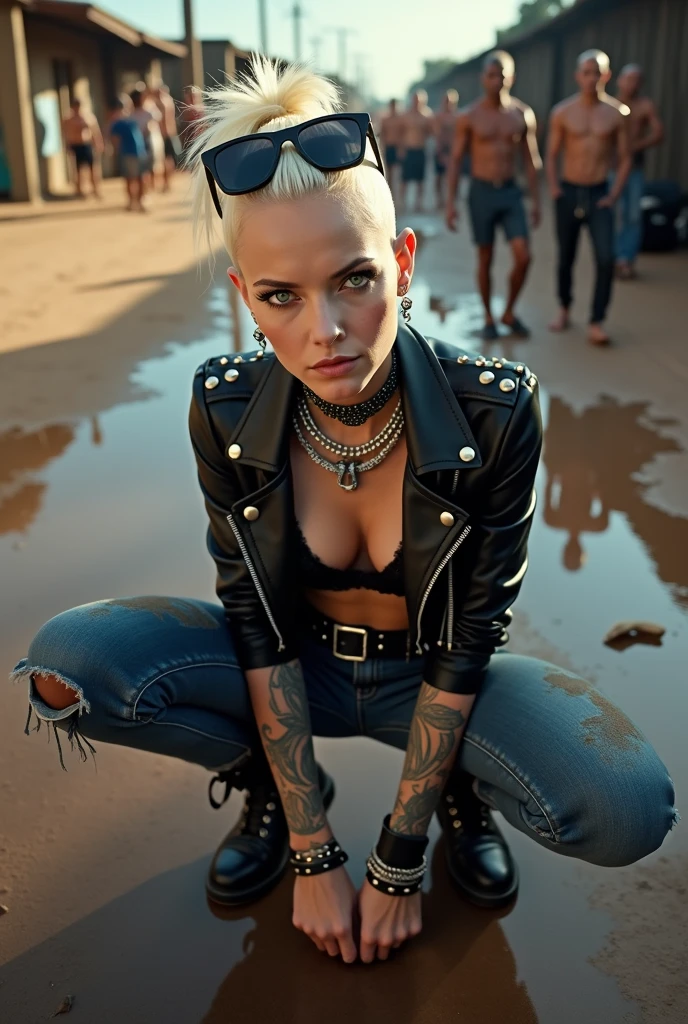 Anglosaxon old milf woman, , blonde platinum hair (pouf, shaved sides and top bun), with very light green eyes, extremely pale.  .Wearing oversized square black maxisunglasses as headband. Wearing studded cropped black moto jacket (verical zippers on the sides,skull badges on sleeves). Black lace push up bra, skinny blue jeans with worn and dirty knees. White tennis sneakers, dirty. Lots of thick wide studded  bracelets, chain collars and big rings. Tacky wide studded leather belt, with big round buckle. Long earrings with chains. Squatting,  looking at the photographer. Craving heavily. Hands on knees. Waste and trash all over the floor. Her studded leather bag, thron away. Looking at the camera, chin up. Toned abdominals, thin neck, slim legs and thin arms. Neck, chest and belly completely tattoed. Dirt road of Nairobi after the rain,  puddles on the ground,crowded with muscular shirtless men in jeans, street full of puddles and garbage. Her studded black leather bag is a few metres behind her. Sunny day