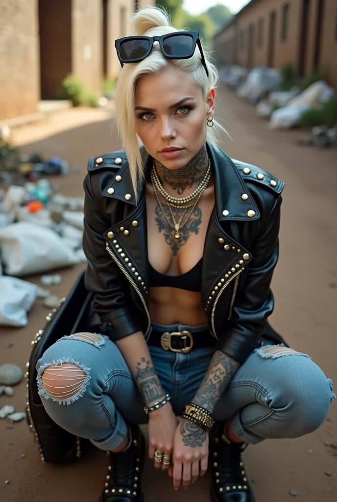 Anglosaxon old milf woman, , blonde platinum hair (pouf, shaved sides and top bun), with very light green eyes, extremely pale. .Wearing oversized square black maxisunglasses as headband. Wearing studded cropped black moto jacket (verical zippers on the sides,skull badges on sleeves). Black lace push up bra, skinny blue jeans with worn and dirty knees. White tennis sneakers, dirty. Lots of thick wide studded bracelets, chain collars and big rings. Tacky wide studded leather belt, with big round buckle. Long earrings with chains. Squatting, looking at the photographer. Craving heavily. Hands on knees. Waste and trash all over the floor. Her studded leather bag, thron away. Looking at the camera, chin up. Toned abdominals, thin neck, slim legs and thin arms. Neck, chest and belly completely tattoed. Dirt road of Nairobi after the rain, puddles on the ground,crowded with muscular shirtless men in jeans, street full of puddles and garbage. Her studded black leather bag is a few metres behind her. Sunny day
