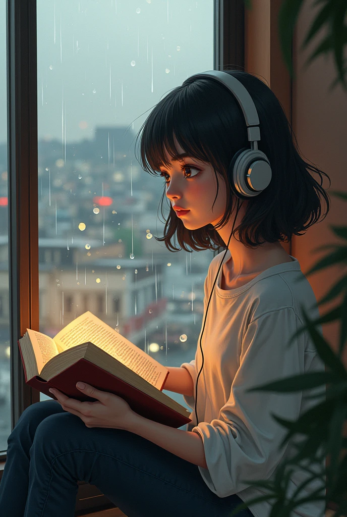 Lo fi girl anime style with headphones reading a book near window outside is city scenery and rain drop aesthetic atmosphere