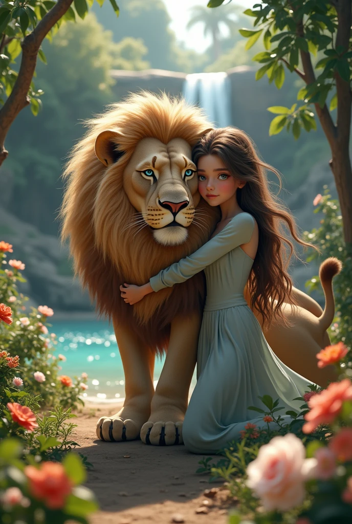 A with blue eyes brown hair white skin hugging a maned lion in a garden with flowers and waterfalls
