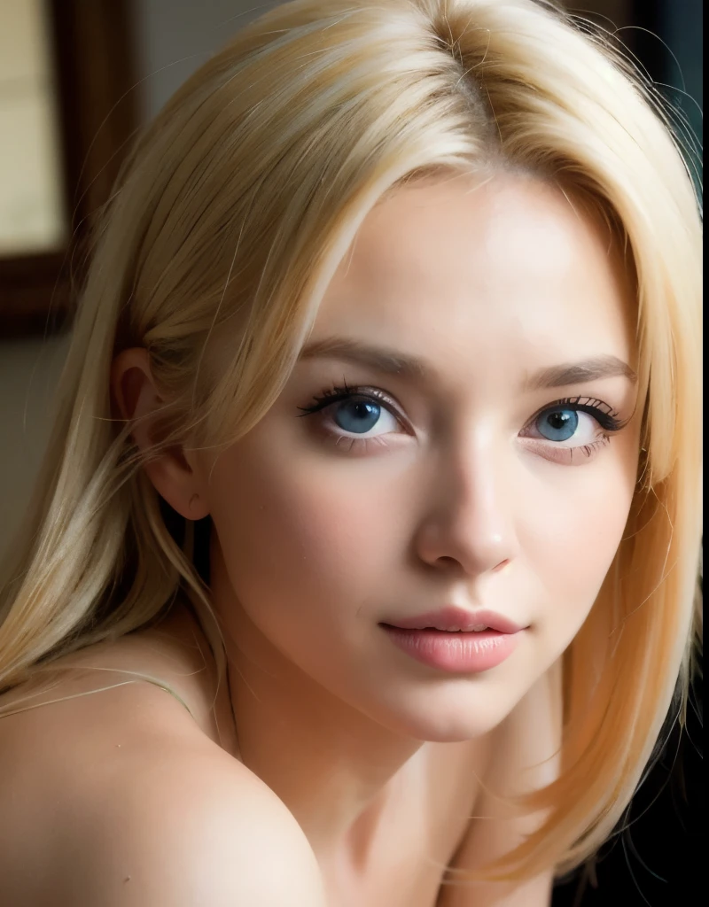 Make a blonde woman, most beautiful in the world without any sin, with an innocent face but a perverted mind, wanting me so much (portraite)
