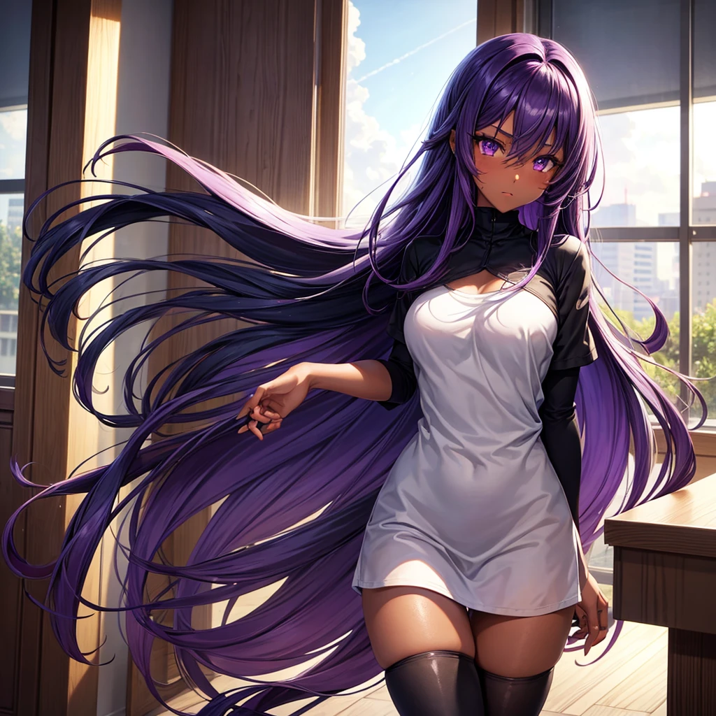 1girl, long hair, solo, purple hair, breasts, thighhighs, looking at viewer, window, very long hair, dark-skinned female, purple eyes, dark skin, classroom, short sleeves, hair between eyes, sky, thigh gap, blush, thighs, indoors, bangs, hair intakes, cloud, black legwear, cowboy shot, eyebrows visible through hair
