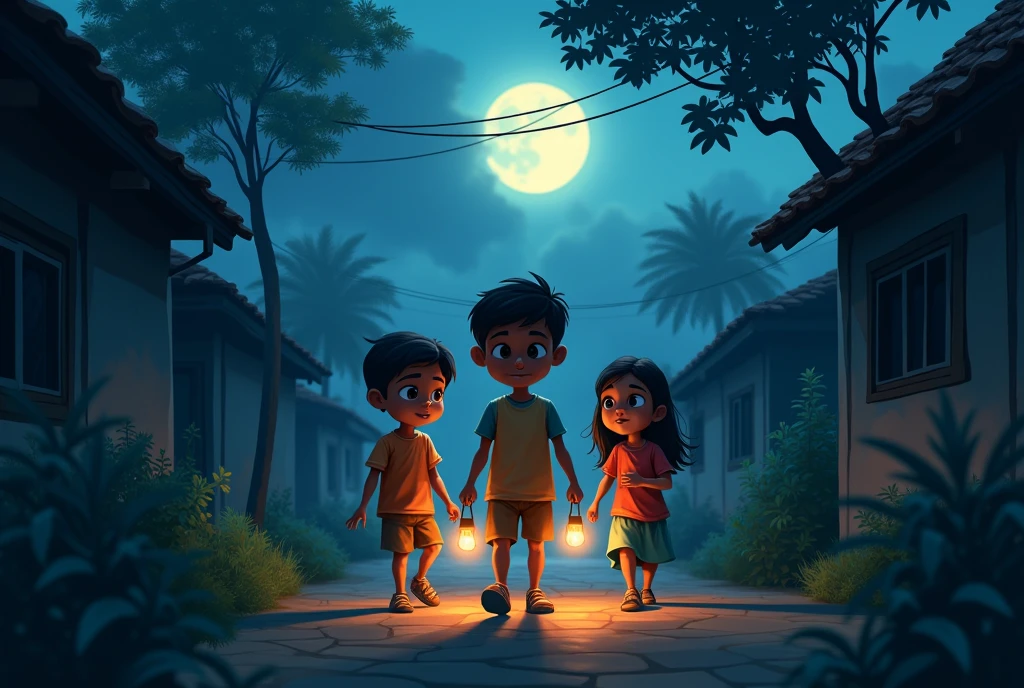 *Image Prompt:* "Three close friends—Ravi, Monu, and Sakshi—are standing together in a small, quiet Indian village. It’s night, and the village is in darkness due to a power outage. The children are shown with curious and adventurous expressions, holding small lanterns or torches to light their way. The narrow village lanes are barely visible in the dim light, with traditional houses and trees casting long shadows. The moon is partially covered by clouds, adding a mysterious and slightly eerie atmosphere to the scene."
