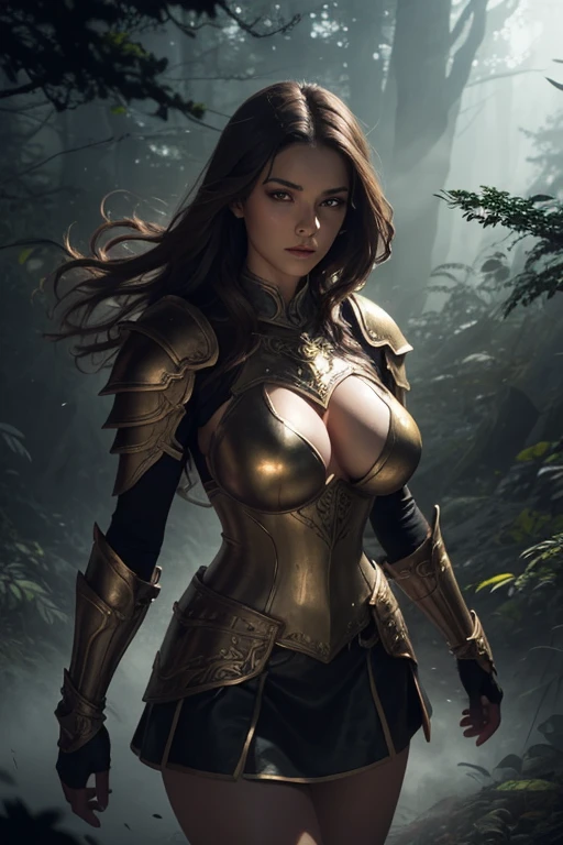A young, beautiful bronze dragon in human form, large breasts, wearing bronze armor and short skirt, light-brown hair and glowing green eyes with black eyeliner, in a haunted forest, alluring, detailed face, intricate armor, highly detailed, in style of Frank Frazetta, dramatic lighting, volumetric fog, mystical atmosphere, cinematic composition, vibrant colors, dynamic pose
