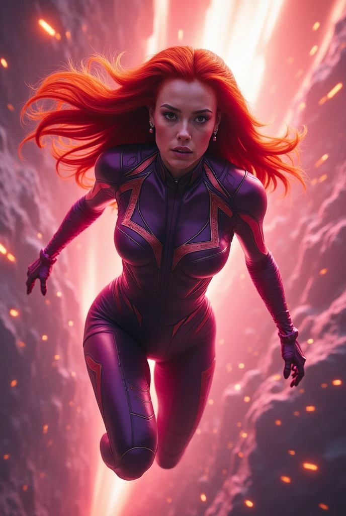 A red haired , pink skinned girl with a space rocks like body suit and a powerful aura anf flying she have a beautiful face and a long hair , have a marvel live action