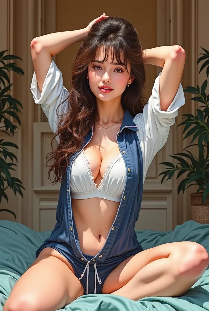 (Photorealism:1.2), Beautiful woman, Sitting on the bed, She is wearing a loose off-the-shoulder top., Pajama pants, Long Curly Hair, indoor, Soft lighting, Background plants, Window with sunlight, Cozy rooms, Relaxed pose, Realistic, Intricate details, Warm colors, Greg Rutkowski, Alphonse Mucha