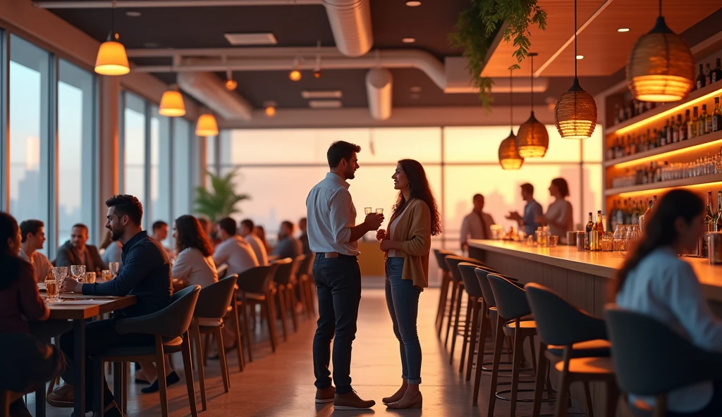 realistic image of "A wide shot of the office converted into a social space. Employees are in different groups, talking and laughing, creating a relaxed atmosphere. Valeria and Andrés are still at the bar, both laughing while holding their glasses. The soft, warm lighting gives the scene an air of carefree, camaraderie.."
