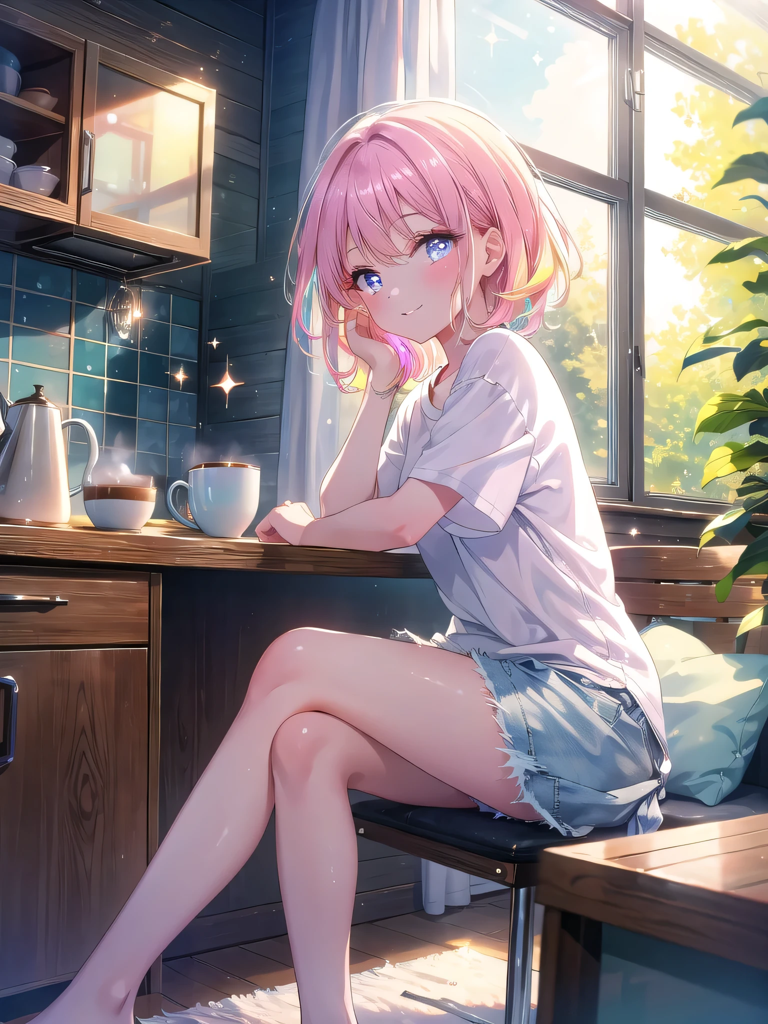 ((8k, Highest quality, masterpiece: 1.3)),Ultra-high resolution,(1 girl, alone), (Color changing eyes, Ultra-detailed, Expressive brilliance, Glitter, Glowing Eyes), Highly detailed eyes, Highly detailed face, Random Hair, ((pastel colour))A charming woman sitting on the kitchen counter, barefoot, wearing a loose white T-shirt and denim shorts. The early morning light filters through the window, creating a soft, inviting atmosphere. She’s holding a mug of coffee, sipping it with a contented smile. Her legs are casually crossed, and she playfully swings one foot as she looks at the camera with a relaxed, affectionate gaze, as if she’s enjoying a quiet morning with her boyfriend.