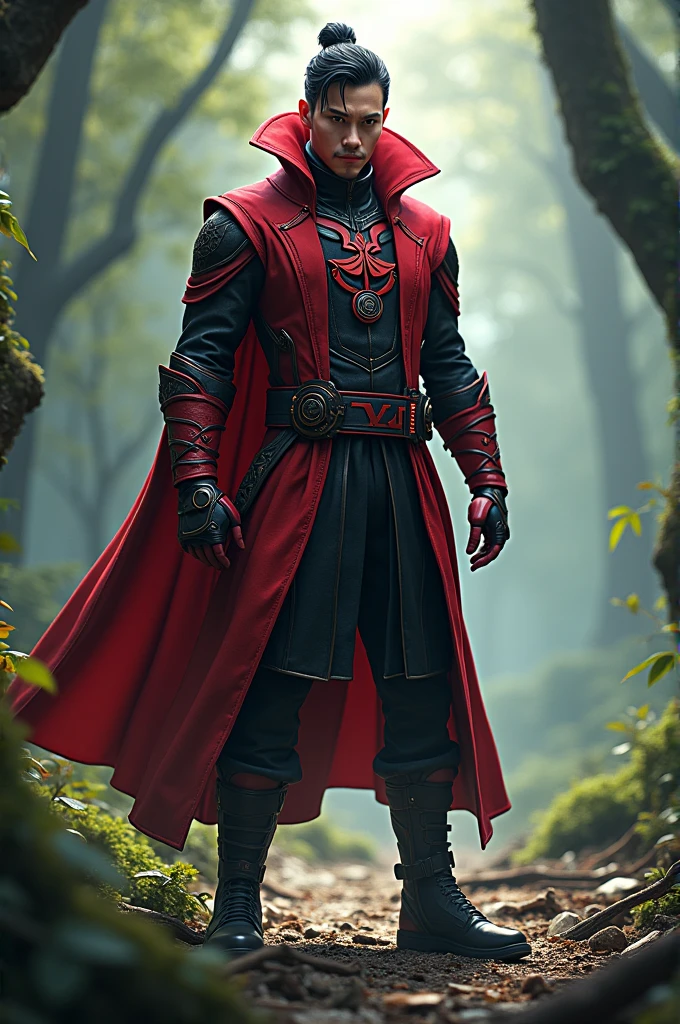 Generate a picture of YIN man in mobile legends bang bang.
Weapon: Doctor strange power in marvel.
Outfit: red and black cybordpuck with very clear and not hidden print of "PAMAGAN JM".
Background:more realistic in war forest.