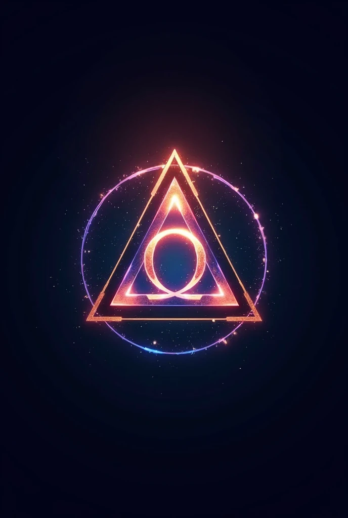 create a logo with an omega symbol inside a triangle that is inside a circle. The appearance of the omega symbol is of a shining appearance. There is a small infinity symbol in the center of the omega symbol., the infinity symbol appears to contain the entire color spectrum, giving an imposing appearance