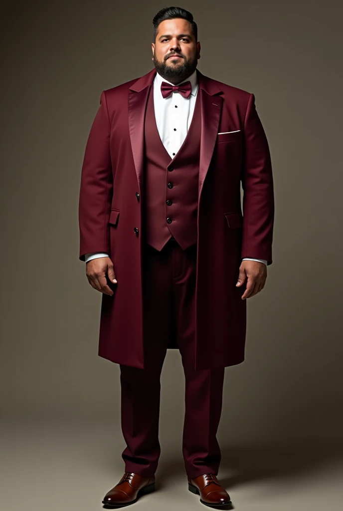 Create a groom's Attire. Burgundy open style coat with Burgundy vest, white long sleeve, burgundy bowtie and brown shoes. Whole body picture for Large Male and light brown skin.