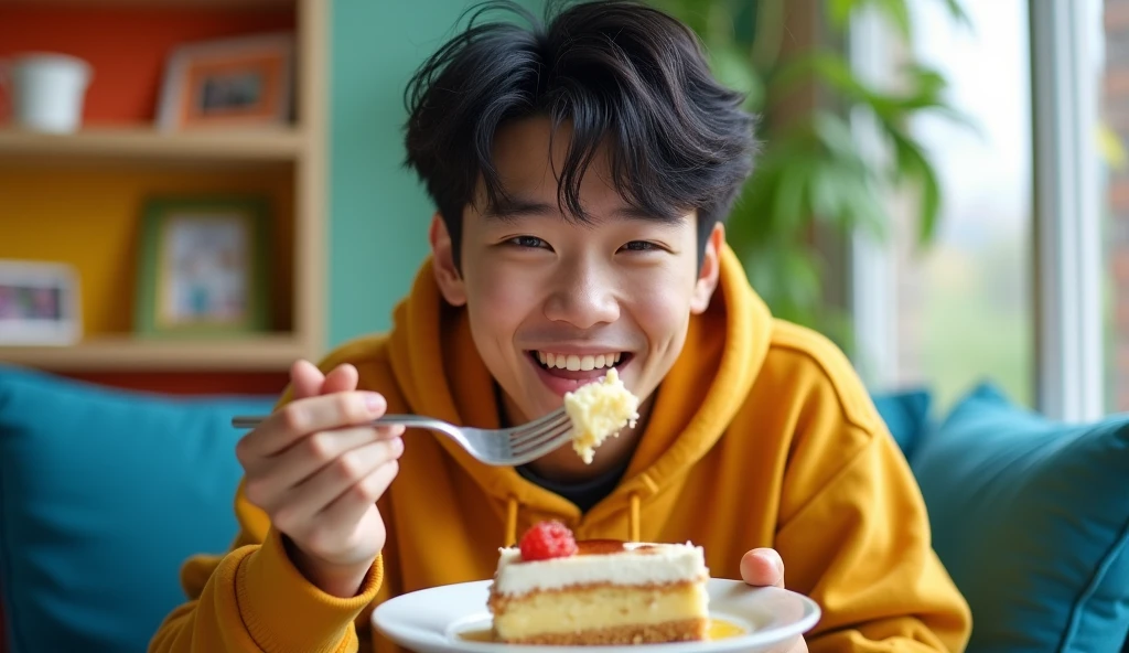 A Japanese male college student wearing a stylish hoodie is sitting on a blue sofa with a bright expression and eating cake with a fork,Excited, Photo of your face, In a colorful room, with a natural look, With a slightly tired look, tilt your face a little, Diagonal orientation, Average face