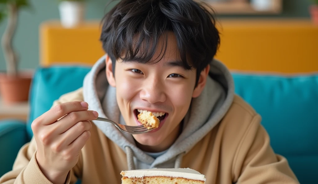 A Japanese male college student wearing a stylish hoodie is sitting on a blue sofa with a bright expression and eating cake with a fork,Excited, Photo of your face, In a colorful room, with a natural look, With a slightly tired look, tilt your face a little, Diagonal orientation, Average face
