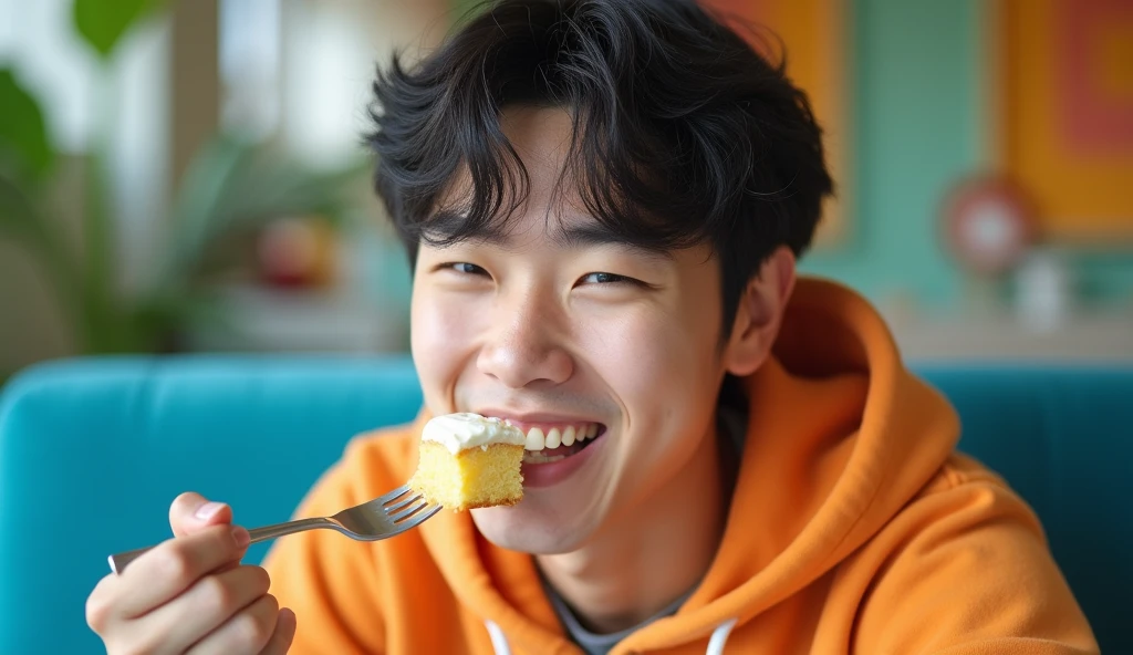A Japanese male college student wearing a stylish hoodie is sitting on a blue sofa with a bright expression and eating cake with a fork,Excited, Photo of your face, In a colorful room, with a natural look, With a slightly tired look, tilt your face a little, Diagonal orientation, Average face