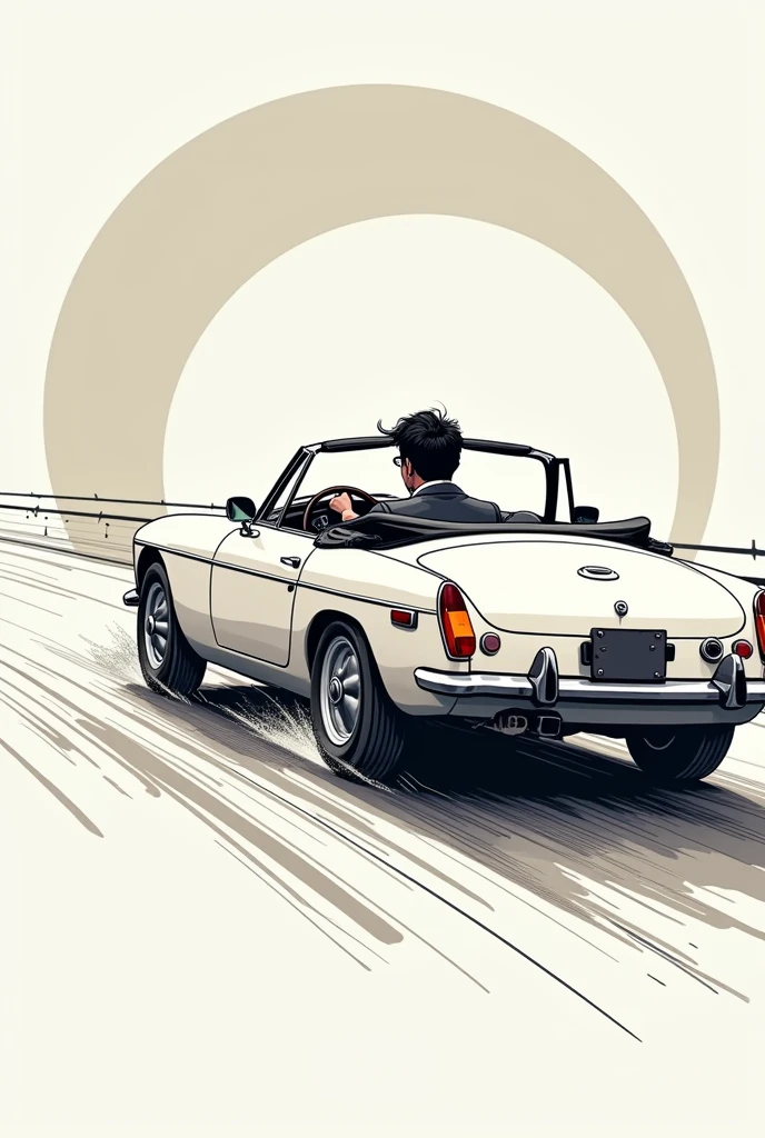 Cars are fun、T-shirt design、An illustration、Rear of the car、Monochrome design、Brush writing、Handwritten style、Japanese men、Driving a convertible、Japanese style painting、Speeding car、Circular design、Stylish design、Modern design、1 male
