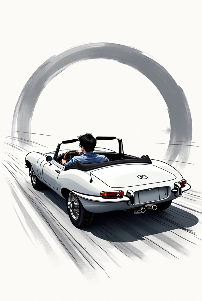 Cars are fun、T-shirt design、An illustration、Rear of the car、Monochrome design、Brush writing、Handwritten style、Japanese men、Driving a convertible、Japanese style painting、Speeding car、Circular design、Stylish design、Modern design、1 male