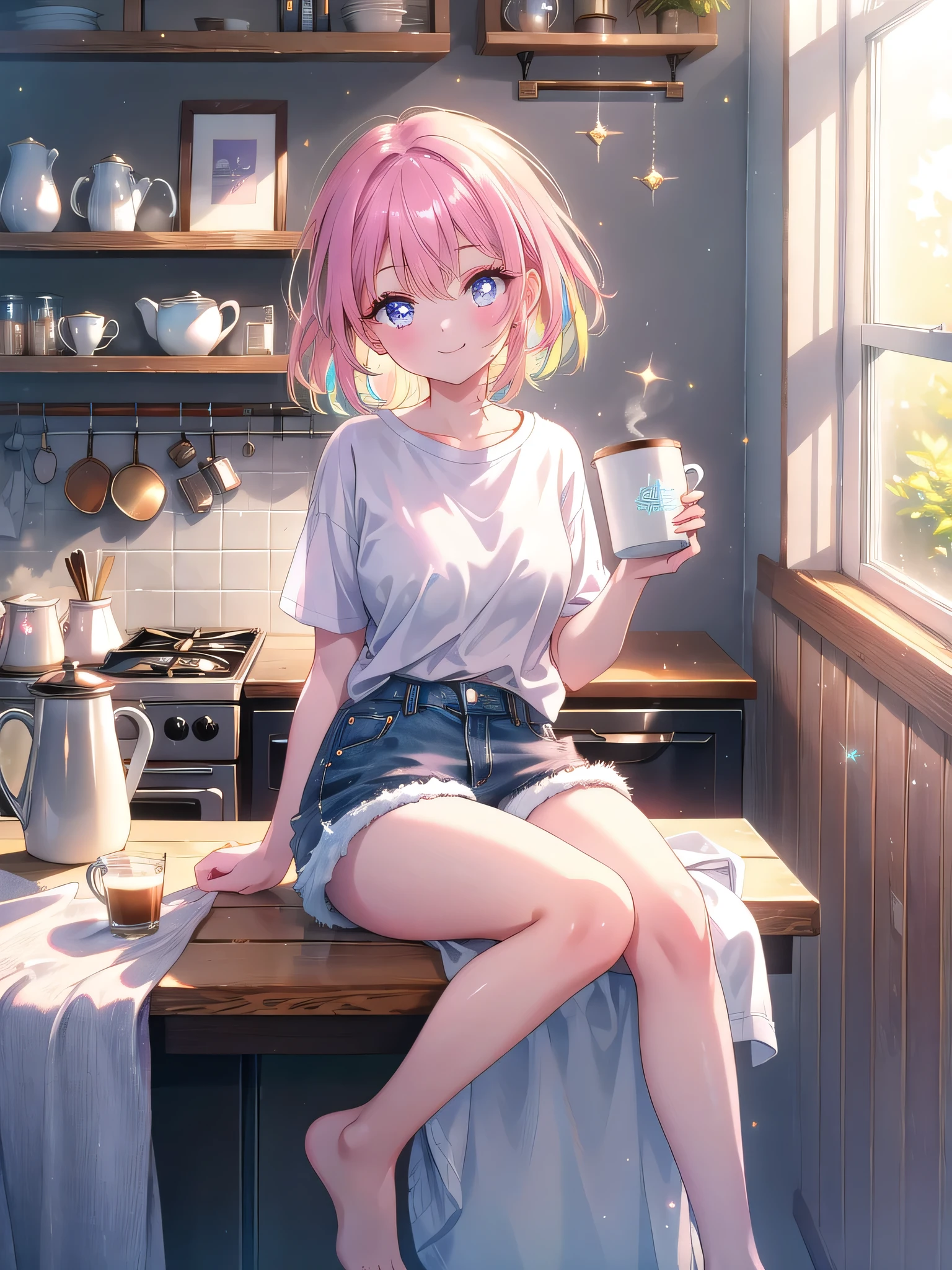 ((8k, Highest quality, masterpiece: 1.3)),Ultra-high resolution,(1 girl, alone), (Color changing eyes, Ultra-detailed, Expressive brilliance, Glitter, Glowing Eyes), Highly detailed eyes, Highly detailed face, Random Hair, ((pastel colour))A charming woman sitting on the kitchen counter, barefoot, wearing a loose white T-shirt and denim shorts. The early morning light filters through the window, creating a soft, inviting atmosphere. She’s holding a mug of coffee, sipping it with a contented smile. Her legs are casually crossed, and she playfully swings one foot as she looks at the camera with a relaxed, affectionate gaze, as if she’s enjoying a quiet morning with her boyfriend.
