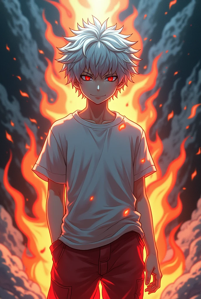 Solo boy,white haired,red eyed , wearing red coloured trousers and , white coloured t shirt, background covered in flames and ice, best quality, masterpiece,anime style, flames burning his t shirt ,clear picture,8k , smirking devilishly, background in snow with his t shirt being burned by   flames