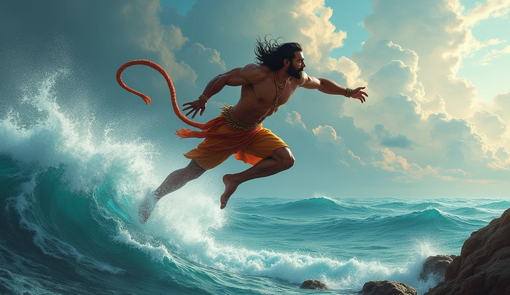Hanuman's Leap Across the Ocean"**: A dynamic scene showing Hanuman mid-air, leaping over the vast ocean to reach Lanka. His form is powerful and determined, with his tail trailing behind him and his gaze focused forward. The waves crash below, and the sky is filled with dramatic clouds, emphasizing the epic nature of his leap