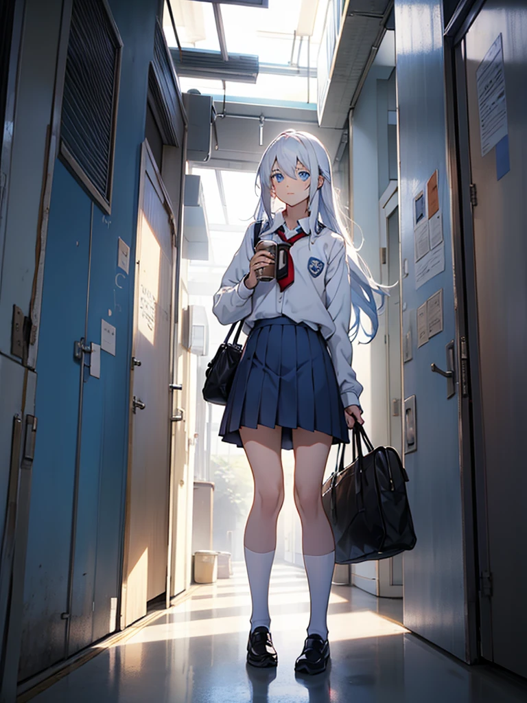 One man、White long hair、Blue Eyes、cool、Wearing school uniform、Walking while drinking canned coffee、School corridor background、High resolution,
