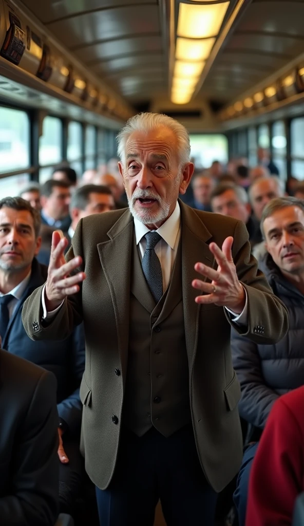 

"A photo shows an elderly man standing in the middle of a crowded bus. He is dressed in an old-fashioned suit and uses animated gestures to speak., capturing the attention of the passengers around him. The expressions of the other passengers vary between curiosity and amusement., some looking at the old man with an amused smile, others with a more neutral interest. The atmosphere of the scene is both lively and dynamic, highlighting the contrast between the old gentleman&#39;s energy and the monotony of the daily commute."

