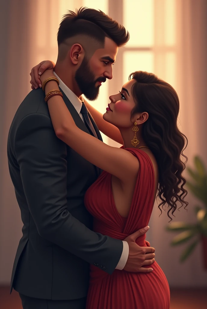  a mature man with a beard, hair should be short , dressed in a suit, standing behind a woman who is wearing a saree and blouse, medium obese  and looks sexy .The woman leans on his chest and hugging him while the man, with a mature and confident expression, gently embraces her from behind. The man’s appearance is distinctly mature, avoiding any childish or boyish traits. The scene captures an intimate, warm moment with soft lighting and pastel tones. The background is softly blurred, emphasizing the cozy and romantic atmosphere with a realistic . The man should have fully buzz cut hair 