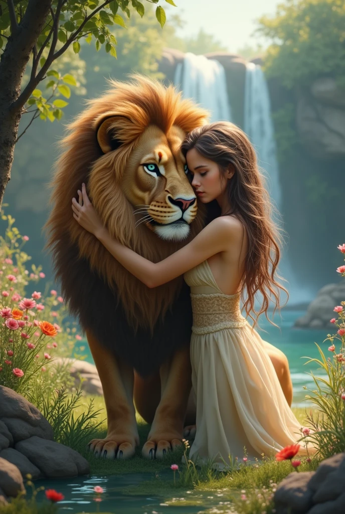 A with blue eyes brown hair white skin hugging a maned lion in a garden with flowers and waterfalls