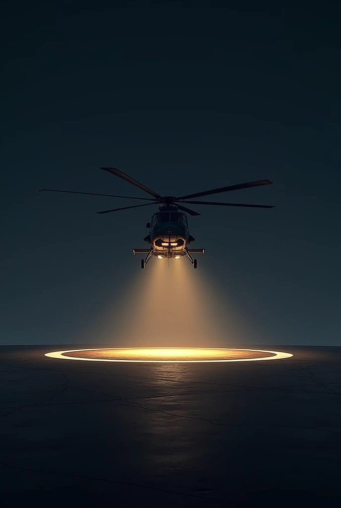 A hellicopter is landing on the helipad at the night and only single light from the hellicopter is focused on the helipad (H) and must seen the hellipad 