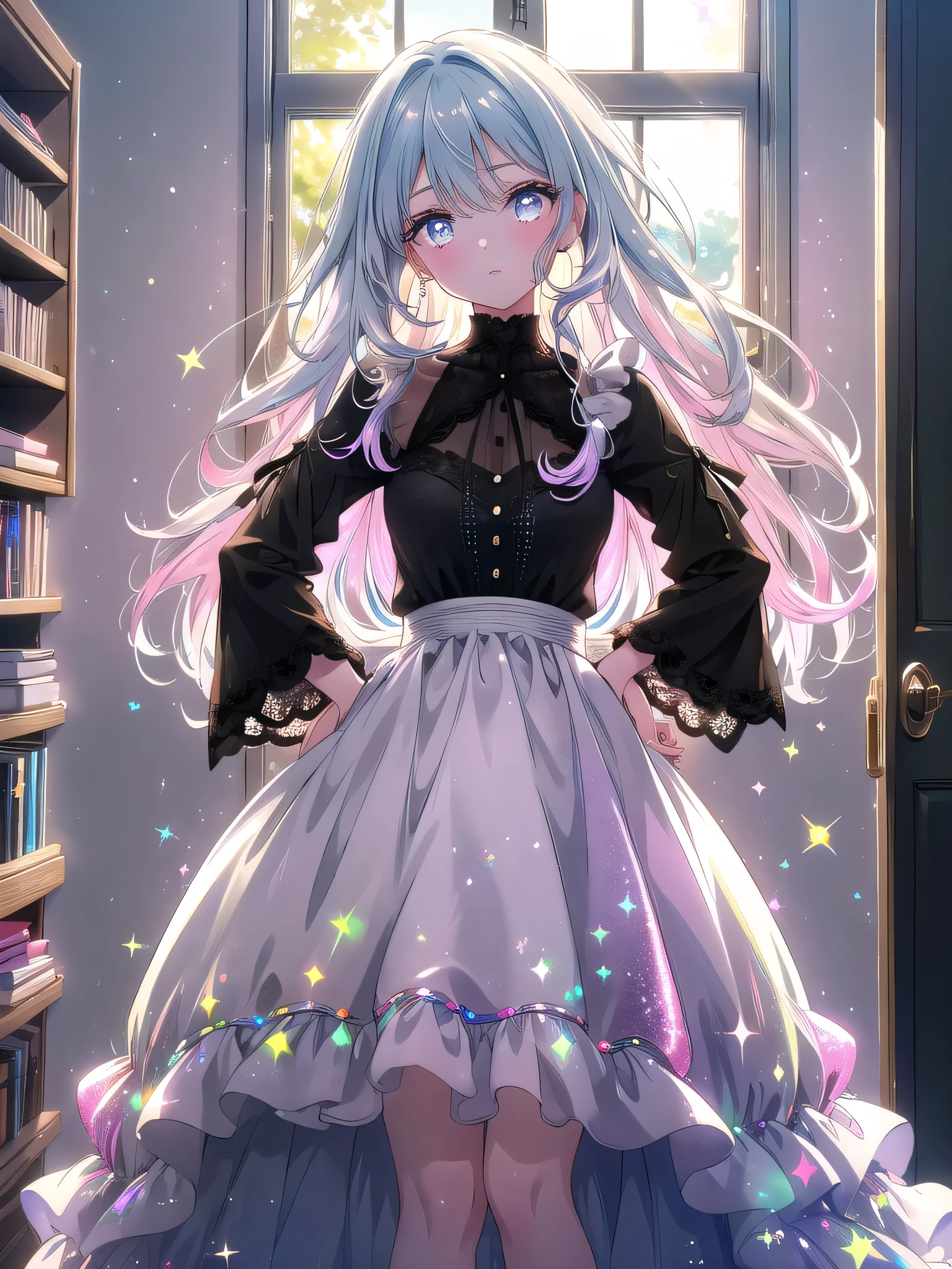 ((8k, Highest quality, masterpiece: 1.3)),Ultra-high resolution,(1 girl, alone), (Color changing eyes, Ultra-detailed, Expressive brilliance, Glitter, Glowing Eyes), Highly detailed eyes, Highly detailed face, Random Hair, ((pastel colour))A stylish woman standing in front of an open closet, trying on different outfits. She’s wearing a simple black dress, with one hand on her hip and the other holding a hanger with another dress. The room is bright and airy, with sunlight streaming through the window. She turns to the camera with a playful, questioning look, as if asking her boyfriend for his opinion on her outfit choice.