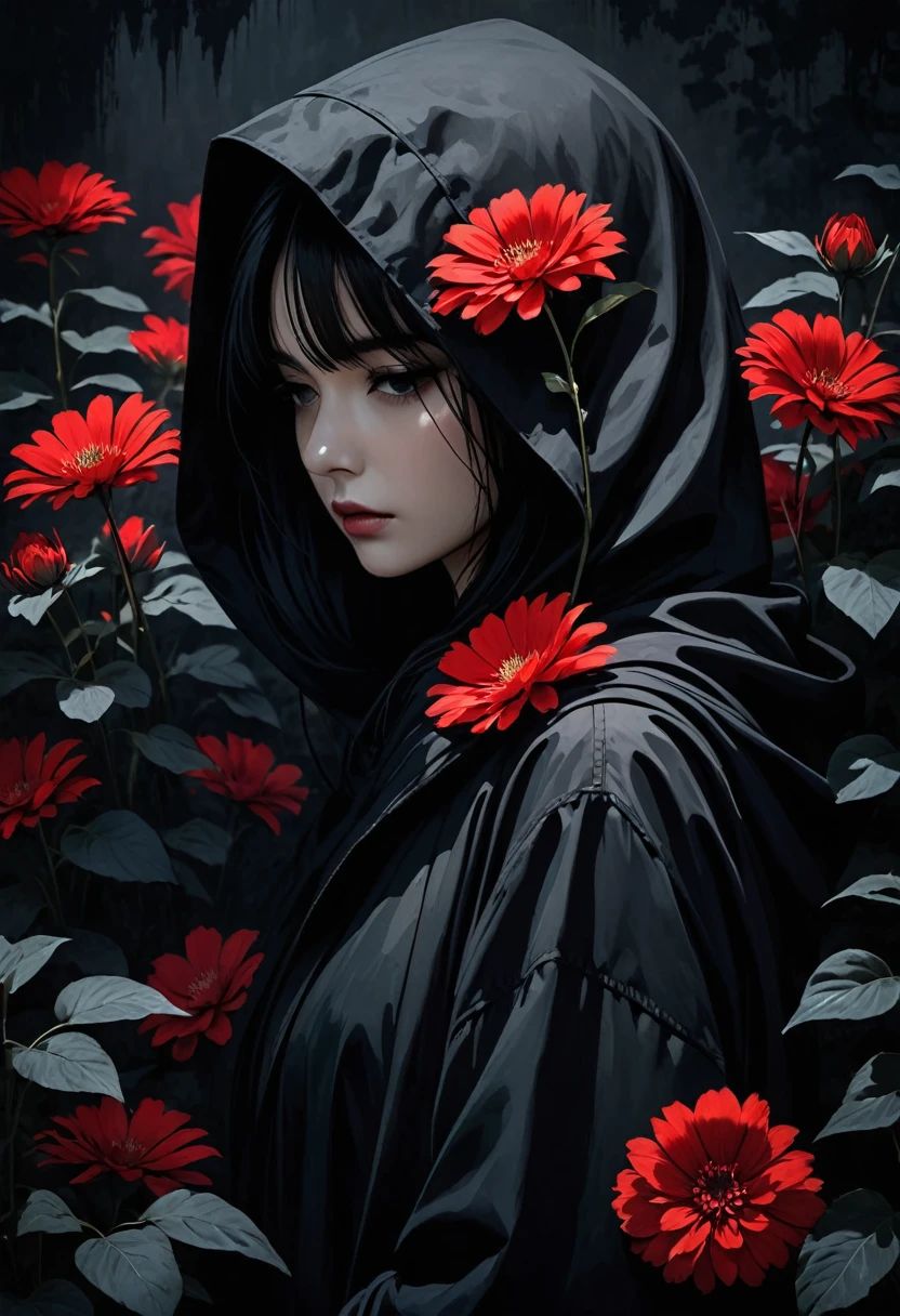 The image depicts a person wearing a dark hood that obscures much of their head. They have long, dark hair and are holding a black flower close to their face. The overall color palette of the image is dark and moody, with heavy shadows and a somber atmosphere. The clothing and the environment suggest a mysterious or gothic theme, with the red flower adding to the dramatic effect.